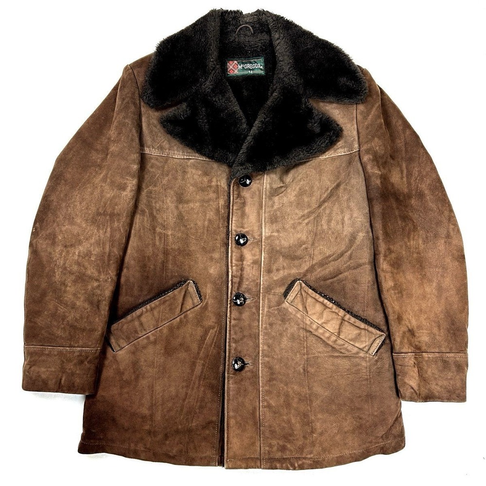 Vintage 70s McGregor Men's Brown Suede Sherpa Lined Car Coat Fur Collar Sz 42